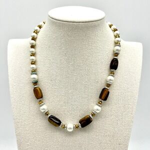 Pearl‎ Tiger Eye Beaded Necklace Adjustable Chain Fashion Jewelry